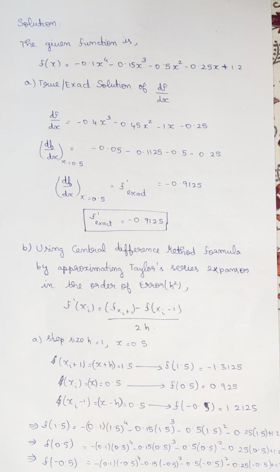 Solution The given function is, Muse -0.251 +12 f(x) = -0 1x _ 0.15x² -0.5x² - a) Towe/Exact Solution of df dx df doc -0.4x²