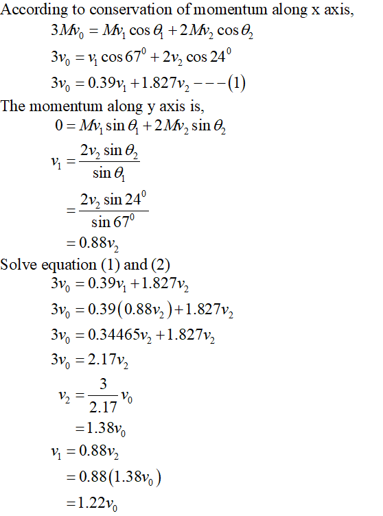 According to conservation of momentum along x axis, 3Mv = My, cosą +2 Mv, cos, 3v, = y; cos 67° + 2v, cos 24° 3v0 = 0.39v, +1