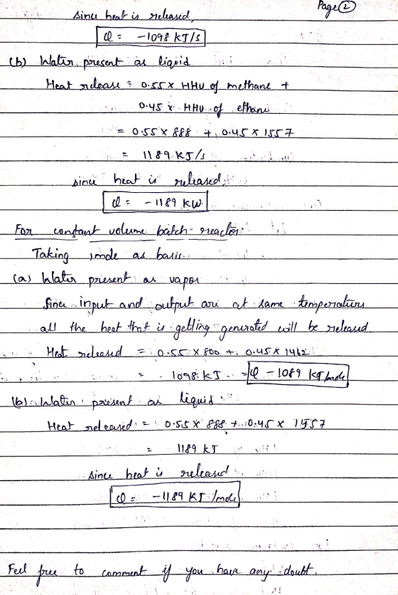 Page ① sinu heat is released, ca -1098 kb/s (6) Water present as liquid Heat release 0.55% thu of methane t 0.45X HHU.Of efha