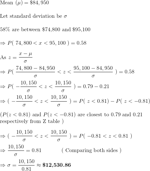 \\ $ Mean $ (\mu) = \$84,950 \\\\ $ Let standard deviation be $ \sigma \\\\ $ 58\% are between \$74,800 and \$95,100 $ \\\\ \Rightarrow P(\ 74,800 < x < 95,100\ ) = 0.58 \\\\ $ As $ z = \dfrac{ x - \mu}{\sigma} \\\\ \Rightarrow P(\ \dfrac{74,800 - 84,950}{\sigma} < z < \dfrac{95,100 - 84,950}{\sigma}\ ) = 0.58 \\\\ \Rightarrow P(\ -\dfrac{10,150}{\sigma} < z < \dfrac{10,150}{\sigma}\ ) = 0.79 - 0.21 \\\\ \Rightarrow (\ -\dfrac{10,150}{\sigma} <z < \dfrac{10,150}{\sigma}\ )= P(\ z < 0.81) - P(\ z < -0.81) \\\\ ( P( z < 0.81) $ and $P( z < -0.81) $ are closest to 0.79 and 0.21 $ \\ $ respectively from Z table $) \\\\ \Rightarrow (\ -\dfrac{10,150}{\sigma} <z < \dfrac{10,150}{\sigma}\ )= P(\ -0.81 < z < 0.81 \ ) \\\\ \Rightarrow \dfrac{10,150}{\sigma} = 0.81 \hspace{15 mm} ( $ Comparing both sides $ ) \\\\ \Rightarrow \sigma = \dfrac{10,150}{0.81} \approx \textbf{\$12,530.86}