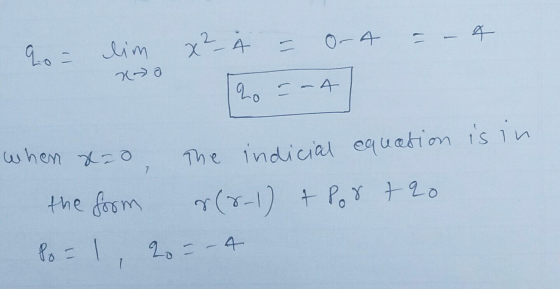 x² _ À = O- A (1 20 = lim - 4 2o -A when she 2 The indicial equation is in r(8-1) + por +20 Po = 1, 2o – A the form