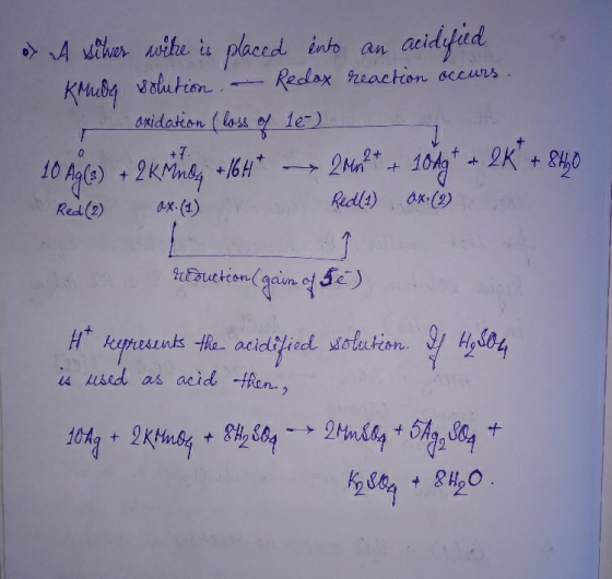 oy A silver wire is placed into an acidified Kuiba Wolution - Redox reaction occurs oxidation ( loss of le) 10 Ag(s) + 2 kind