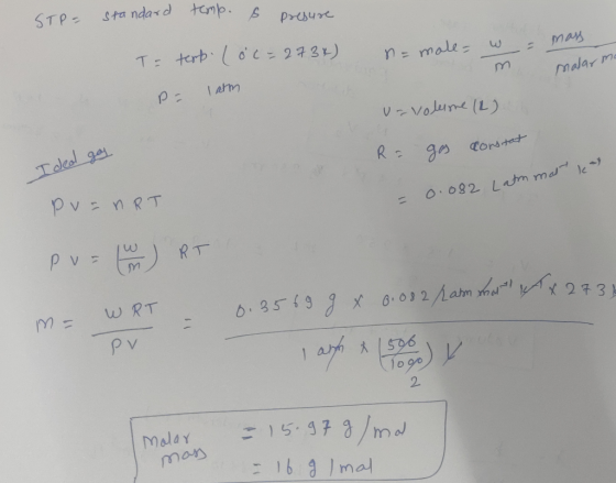To standard temp. s presure = male w mass ma malar ma To temp. loc=273x) palarm U-volume (2) Ra gas constat I del goy Lammatt