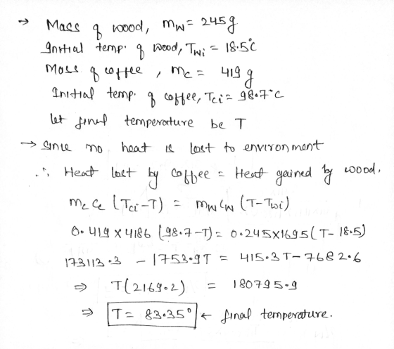 Mass of wood, mw = 245 g Initial tempo q wood, Thi = 18.50 moss of coffee me = 419 g Initial temp. q coffee, Teia 98.7°C let