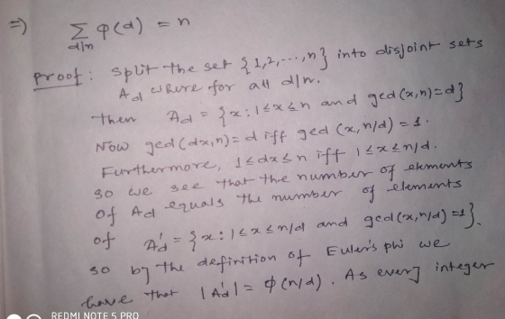 ola) un 에m proof: split the set & 1,2,..., ng into disjoint sets! Ad where for all alw. then Ad=2x12xun and ged(a,m)=d} Now g