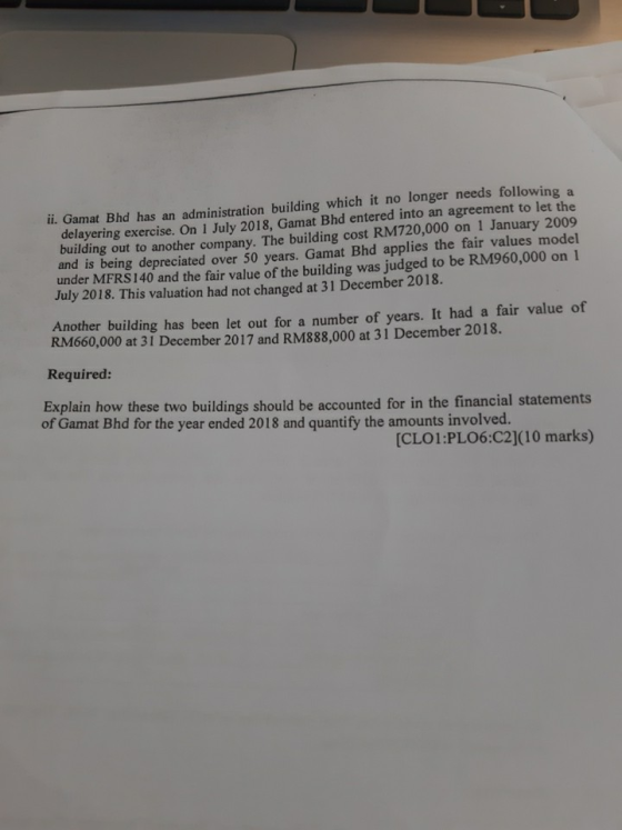 ii. Gamat Bhd has an administration building which it no longer needs following a delayering exercise. On 1 July 2018, Gamat