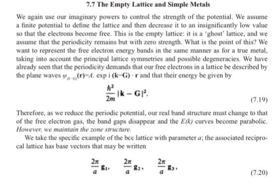 7.7 The Empty Lattice and Simple Metals We again use our imaginary powers to control the strength of the potential. We assume