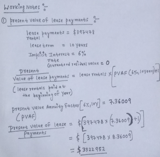working Notes O present Value of lease payments : lease payments = $397478 Tentaly lease term = 10 years Implicit Interest -