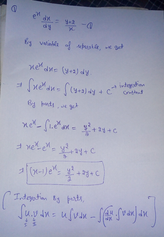 By vainble f Aebustle, we gat eM edny3)dy +Ctt integotion By parts get Q vel e y+aytC (x-1)e C Integotion By perts Su an-ufum