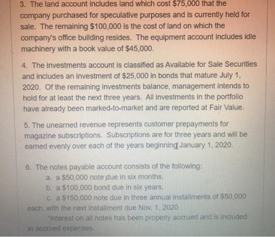 3. The land account includes land which cost $75,000 that the company purchased for speculative purposes and is currently hel