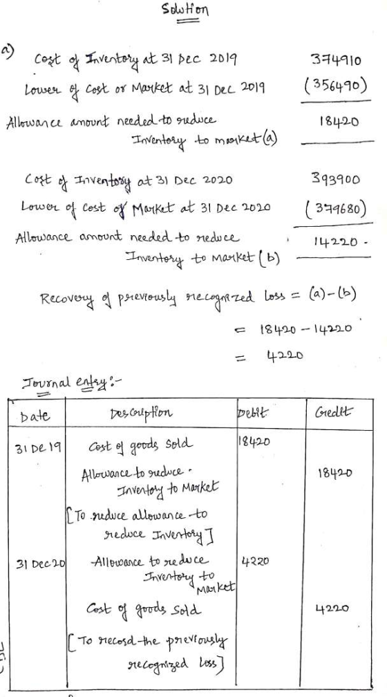 solution = a - cost of Inventory at 31 Dec 2019 Lower of cost or Market at 31 Dec 2014 374910 (356490) 18420 Allowance amount