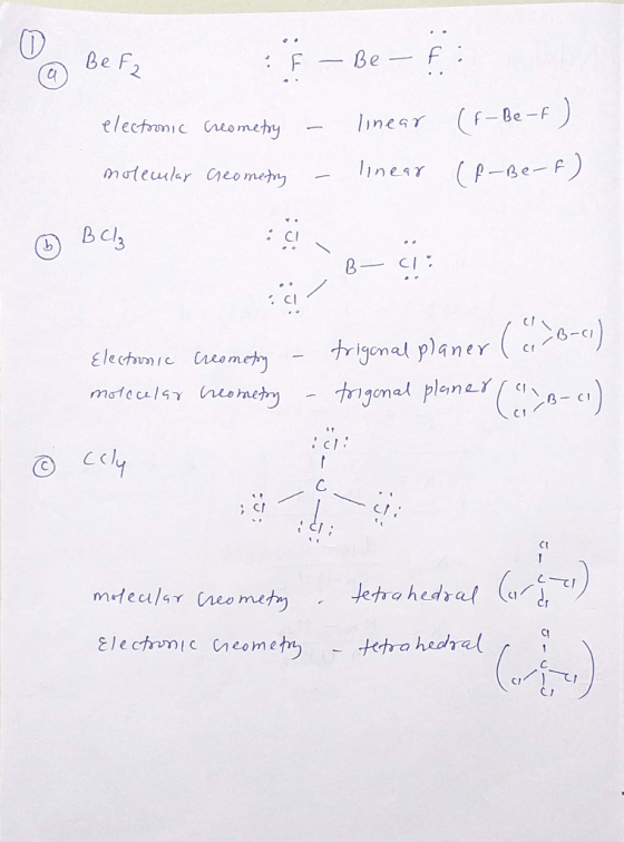 Be F2 F – Be - f: electronic creometry molecular Geometry - linear - linear (F-Be-f ) (P-Be-f) molecular Geometry ③ BCl3 al t