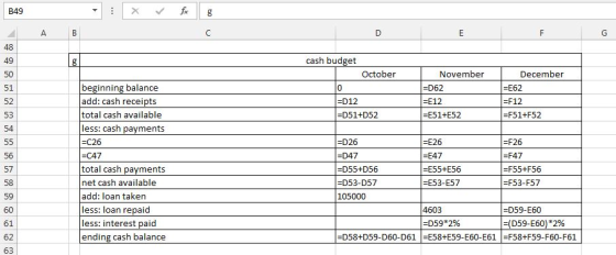 B49 48 49 50 51 52 53 54 cash budget October November D62 E12 E51+E52 December E62 F12 F51+F52 0 beginning balance add: cash