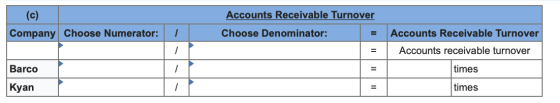 (c) Company Choose Numerator: Accounts Receivable Turnover Choose Denominator: = Accounts Receivable Turnover Accounts receiv