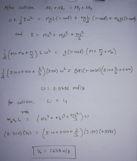 After collision, Pet ICE = PP + k&f oth Iwe = Mg L (1- cast) + megt (1- caso) + Mg gl (1-(ess) and I = M2² + Mg(2+ M22 MtMpt