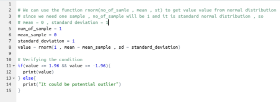 1 2 3 4 5 6 7 # We can use the function rnorm(no_of_samle, mean, st) to get value value from normal distribution # since we n