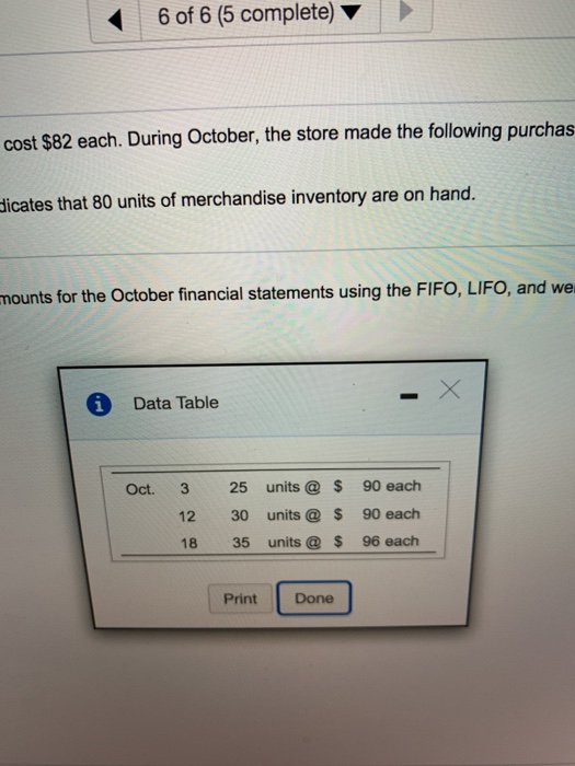 6 of 6 (5 complete) cost $82 each. During October, the store made the following purchas dicates that 80 units of merchandise