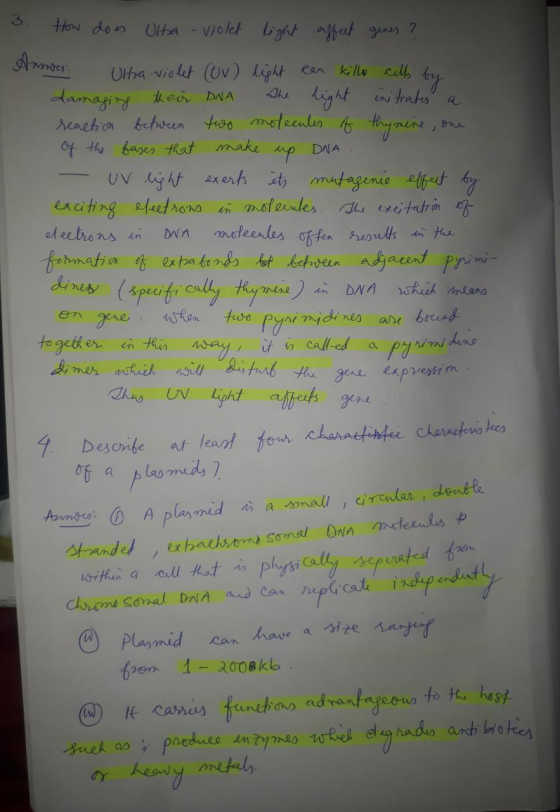 3. How does Ulta -violet Light affect genes ? Armeer. Ultraviolet (ov) light ean killo cells by damaging their DNA she light