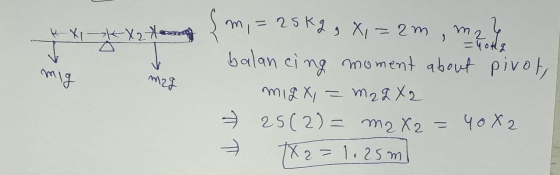 =40kg mig m29 {m, = 25 Kg , x, = 2m, male balancing moment about pivot MILX = m2 2x2 25(2)= M2 X2 = 40X2 - X2=1.25ml