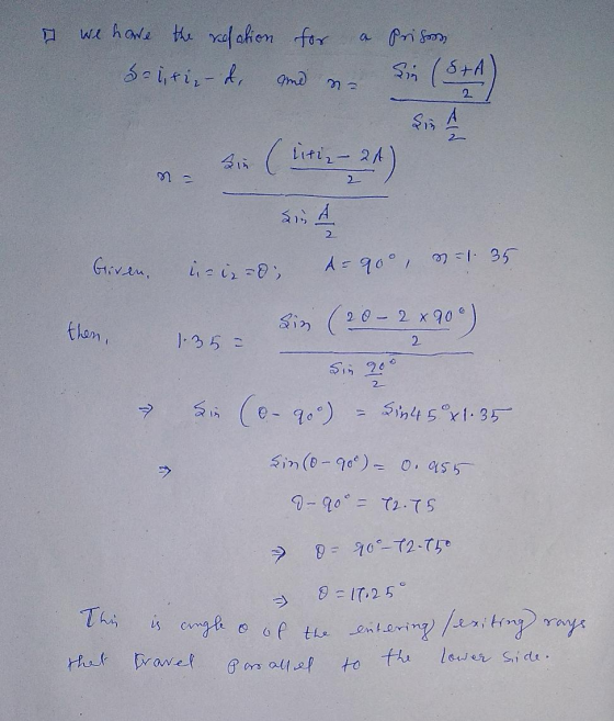 if we have the relation S=liti,- d. for a and so prison die l. Lif 24 - Sie (litin-24) n 2 bliven, .- 20 A = 90o, n=1.35 then