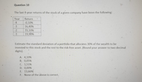 Question 10 The last 4-year returns of the stock of a given company have been the following: Year Return -4 -3 -2 |33,10% -0,10% 16,40% 19,90% . Estimate the standard deviation of a portfolio that allocates 30% of the wealth to be invested to this stock and the rest to the risk-free asset. (Round your answer to two decimal digits). A. 4,10% B. 0,05% C. 1,51% D. 0,00% E, 13,66% F. None of the ábove is correct.