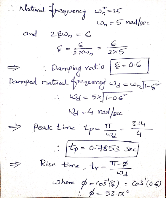 :. .: Natural frequency w=25 wn = 5 rad/sec and 2&wn 6 6 ६ 2X 2x5 : Damping ratio {=0-6 IT Damped natural frequency wd = wril