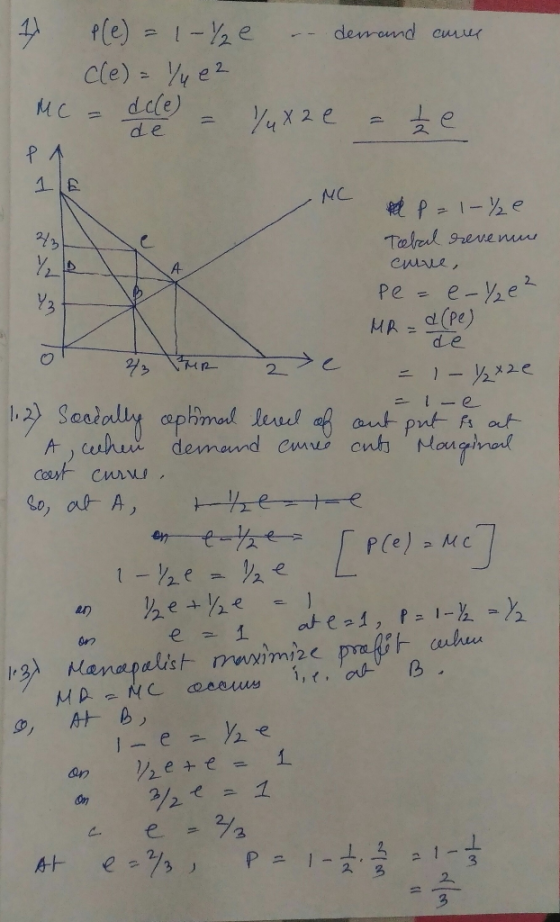 17 P(e) = 1-2e - demand caree I cle) = 1/4e2 MC = dcle) = YuX2e = e. PA MC p=1-2e Tebal revenue curve, pe = e-%e2 we MR = d(e