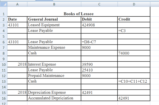 А B Credit wn 2 Date 3 43101 Books of Lessee Debit 424908 General Journal Leased Equipment Lease Payable =C3 6 43101 va Lease