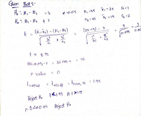 Ri=25 Si=1 n.235 - 2 2:0.05 =3 Given That :- Ho illi-l2 = 2:0.05 Ha: llo-le + 3 Ka -K) - Ille-lle) S2 = 2 12:45 72=19 (25-19)