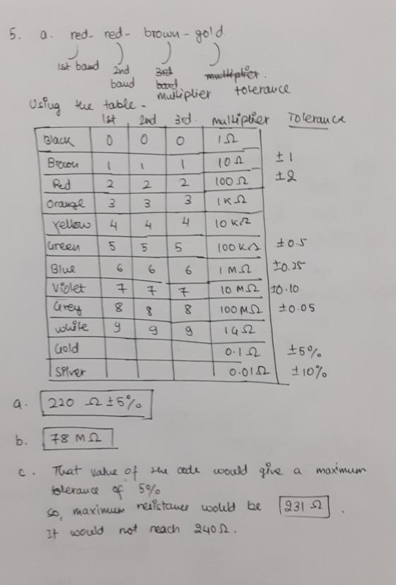 5. a. red- red-brown- gold 1st band and 3100 Mathalter baud beard tolerance Using the multiplier table مرحله) 100 - 1st, 2nd