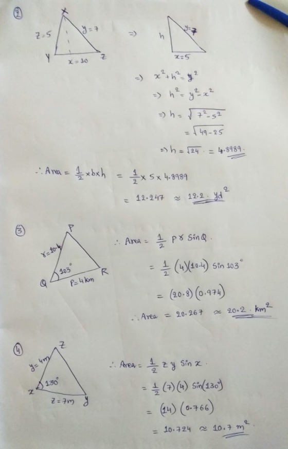 Z=5 Y z 2:5 x=10 x th 2 h x 72-52 (49-25 =) h = 124 4.8989 Area = 1 xbxh x 5x 4.8989 오 12.247 12.2. yd P 1 Area = pr Sina. 8=