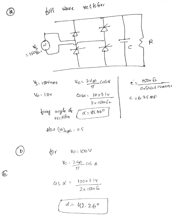 toll wave rectifier ~ L = 3 R - 1 sovies Ve=isovrms Vorzum cosa ca 150x2 0.5x2x3.14Wok Voilor Cosda 10x314 2x15082 c=6.75 mF