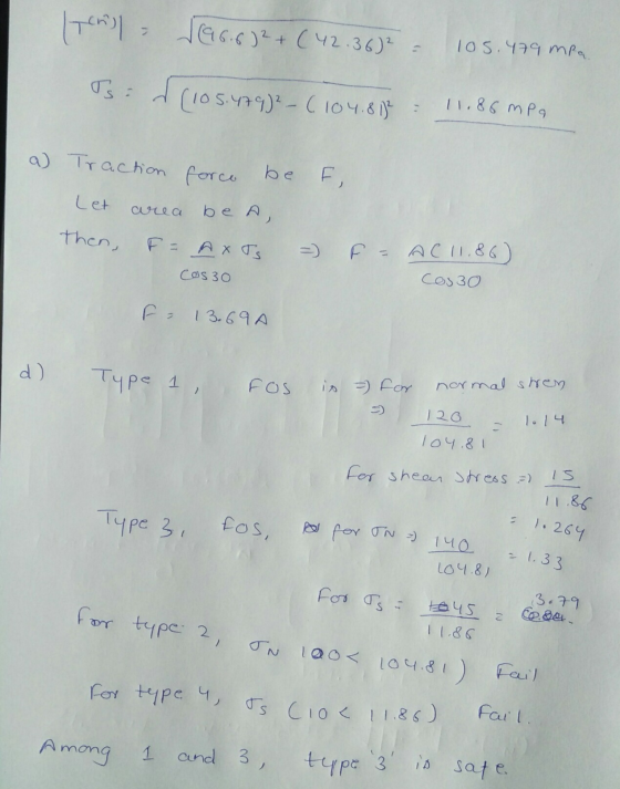 17h) 1966)2 + (42.36) 105.479 mPa. Ts: d (105.479)² – ( 104.813 11.86 MPa a) Traction force be F, Let be A, then, F = AXTS =