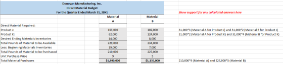 Show support for any calculated answers here Material B Donovan Manufacturing, Inc. Direct Material Budget For the Quarter En