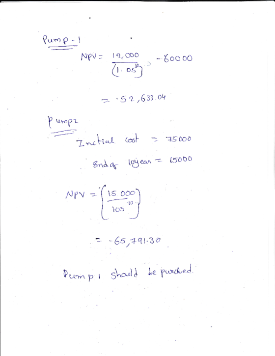 Pump-I . NpU= 12,000 %oooo 52,633.04 pump Initial . Enda Cost = 75000 loyear = 15000 NPV = /15.0007. ( 105 ) 5-65,791.30 Pump