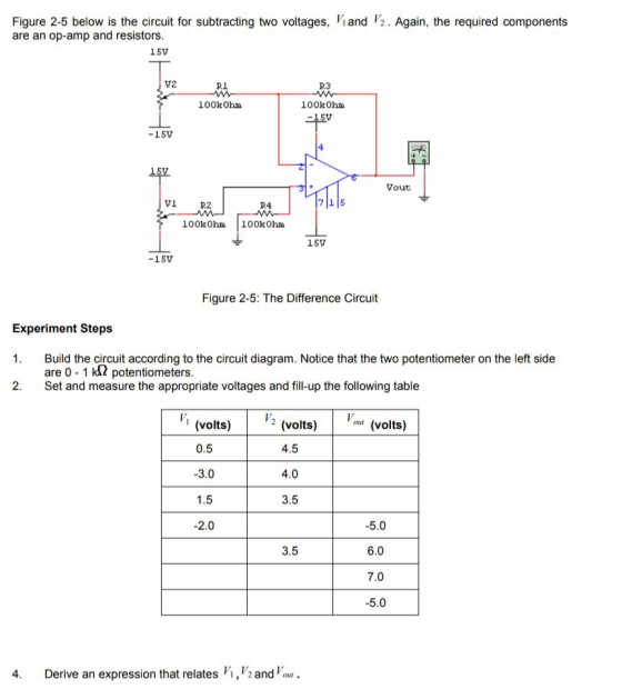 Figure 2-5 below is the circuit for subtracting two voltages, Vi and 12. Again, the required components are an op-amp and res