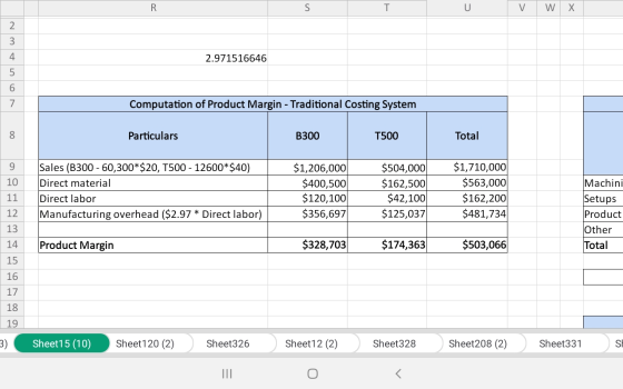 U V W X 2.971516646 Computation of Product Margin - Traditional Costing System Particulars B300 T500 Total 9 10 11 Sales (B30