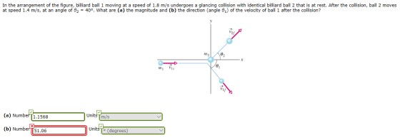 In the arrangement of the figure, billiard ball 1 moving at a speed of 1.8 m/s undergoes a glancing collision with identical
