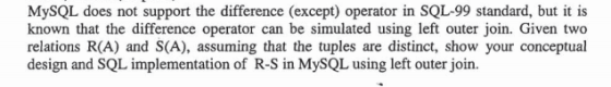 MySQL does not support the difference (except) operator in SQL-99 standard, but it is known that the difference operator can