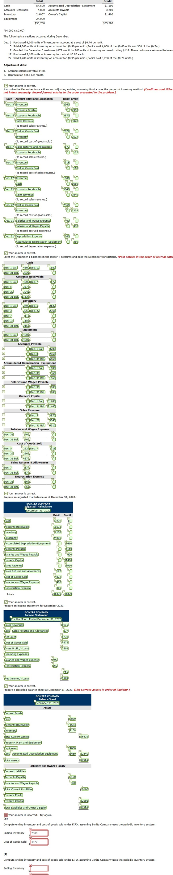 Cash Accounts Receivable Inventory Equipment Debit $4,500 4,800 2,400* 24,000 $35,700 Accumulated Depreciation-Equipment Acco