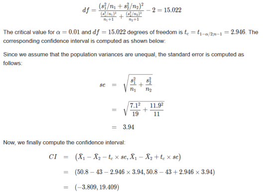 df = (si/nı + s/n2) (s/nı) (s/na + n1+1 ng+1 – 2 = 15.022 The critical value for a = 0.01 and df = 15.022 degrees of freedom