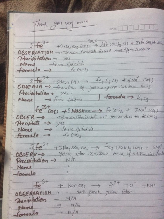 Thank you very much PATETIT 2 fet 3420 +3 Na, coz (aq) - 2fe (OH)₂ (s) + 3 Na (aq) + 300, - OBSERVATION Brown Precipitate fer