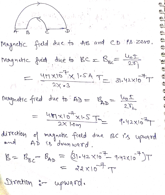 ww A- Magnetic field due to A3 and CD Ps zero dué to Kc Mognetic YHX1O SA T. 31.42x10 T 2X3 Magnetic fred due to AD 41I0 S Tm
