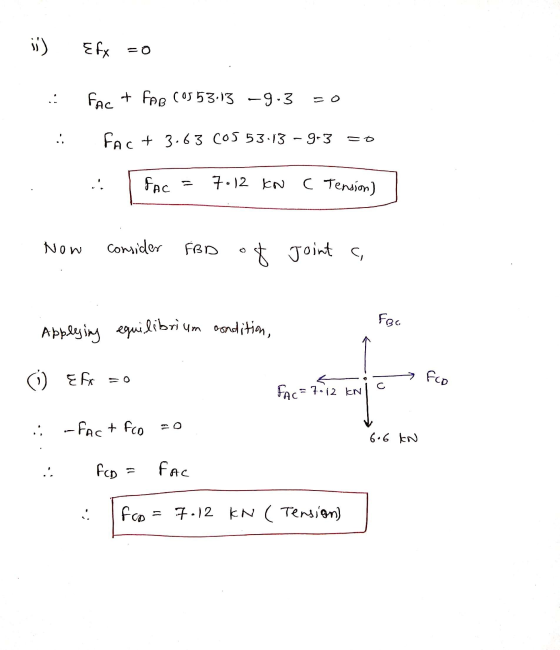 i) Efx zo .: Fac + FAB (0553.13 –9.3 so FAC+ 3.63 (05 53.13 - 9.3=0 - . . Fac = 7.12 kN c Tension) Now consider FBD of joint