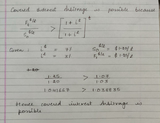 Covered Suterest Arbitrage is possible because t F > $16 So 1+ Civen = i it 7/ 3% $12 So. = $1.201ť E $1.25% € $12 1.25 120 1