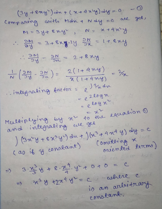(3y + 8 ny ) au & (nearly) dy=0 comparing with Man & Nay o we get, M=3yts nyl N= x +4ny 3 +8ny 24 de It sny ay ) ЭМ ON ON o