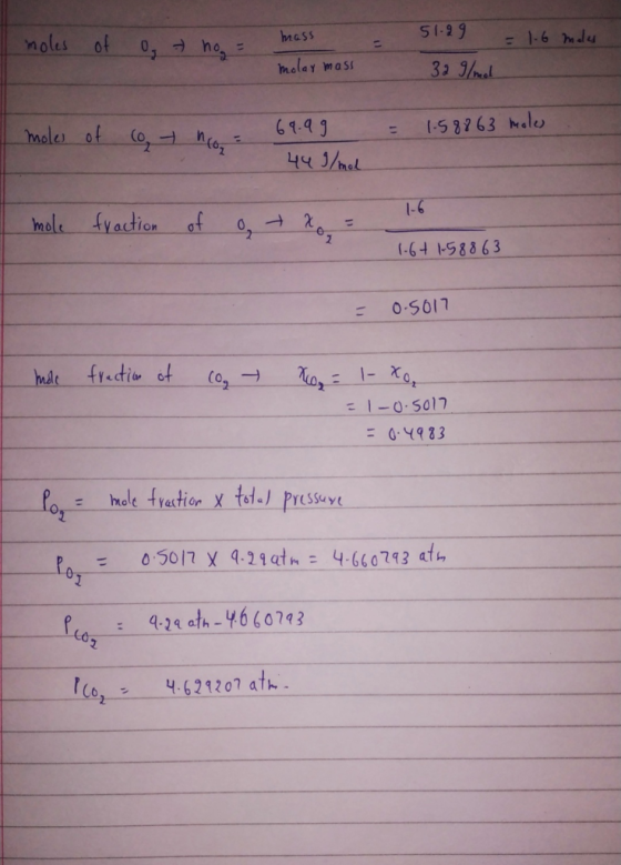 moles of mass S12 = 1.6 moles molar mass 32 g/mol moles of co, - no, = 1.58863 moles. 69.99 44 g/mol mole fraction 1-6 of otr