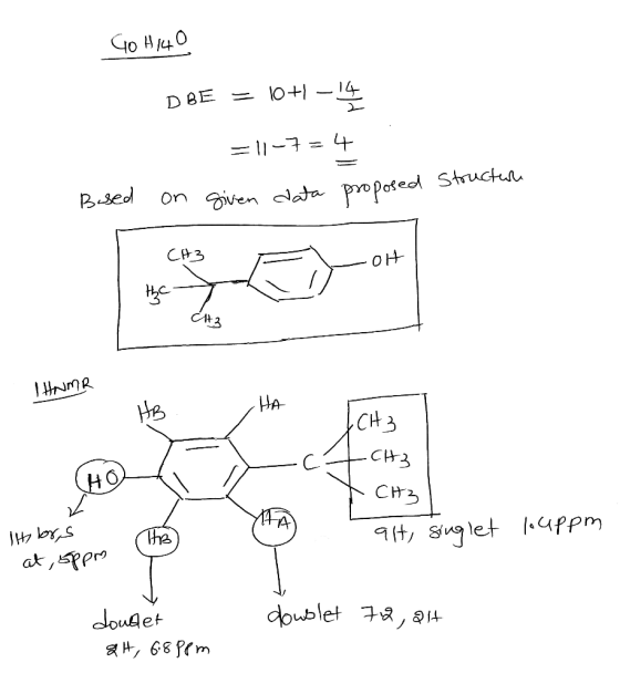Go AIO DBE = 10+1 -14 = 11-7-4 on given data proposed Structure Dropoled Bused CH3 om -OH the СЛt3 CA IHNMR ICH3 CH3 X CH3 at