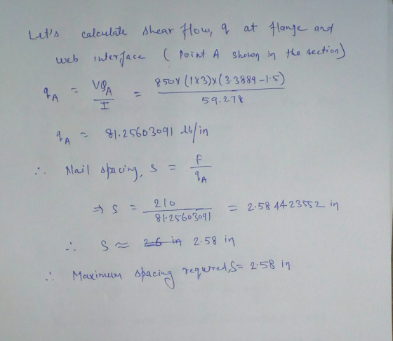 Lets calculate shear How, q at flange and web interface (Point A shown in the section) VOA 8504 (1X3)x(3-3889 -1.5) 59.278 A