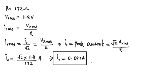 R= 1722 Vrms = 11.8V irms R rms irms = 1 = Vamos , is= perk ausent - Va Vrms io = V2 x 11.8 A şi = 0.0974 vz 172